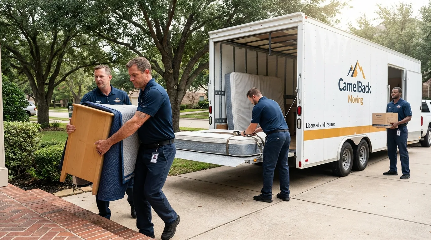Crew loading residential truck for cross-state move from Moriches, NY