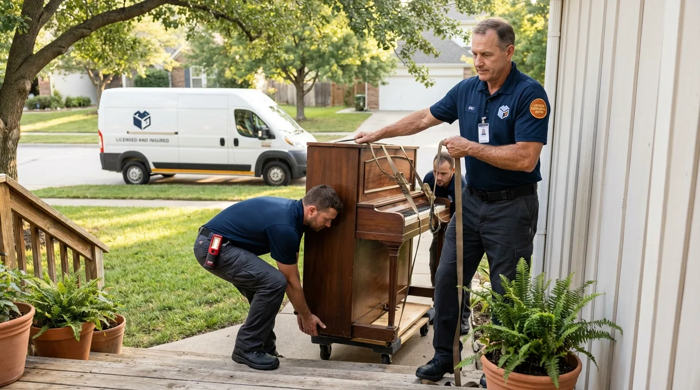 Licensed piano movers securing grand piano in Moriches, NY