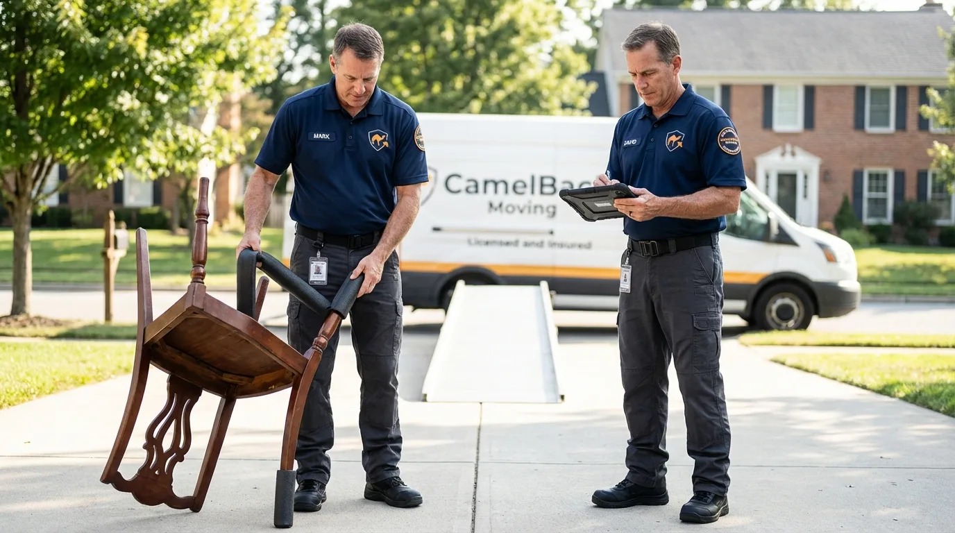 Movers inspecting furniture for damage prevention before loading in Moriches, NY