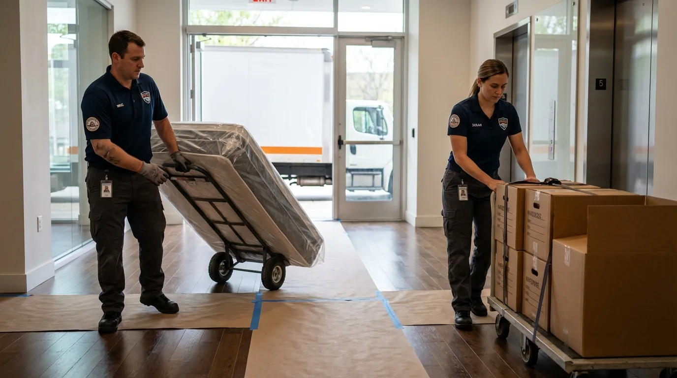 Professional apartment movers loading elevator in Moriches, NY
