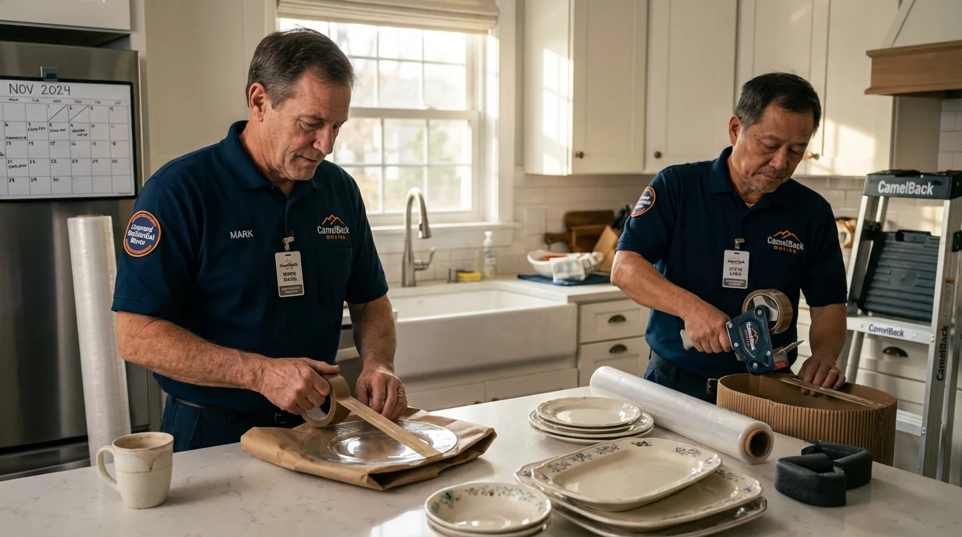 Professional crew packing kitchen dishware in Moriches, NY